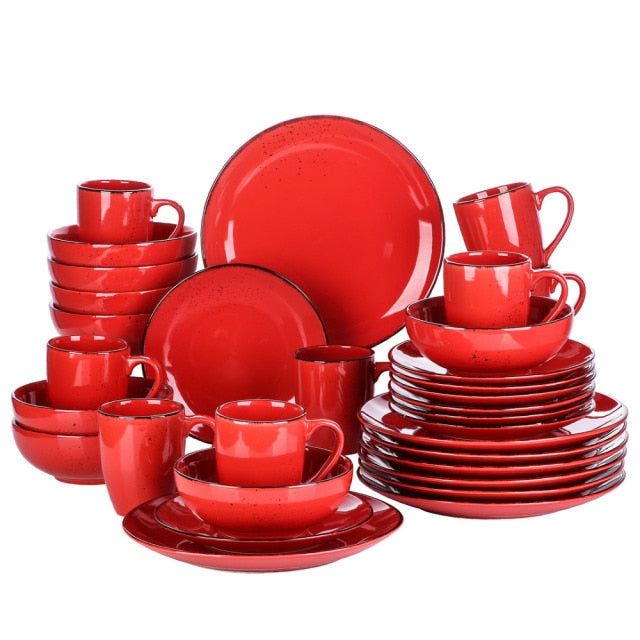 Vancasso Navia Red 16/32/48-Piece Ceramic Stoneware Dinner Plates Set with Dinner Plate,Dessert Plate,800ml Bowl,380ml Mug Set