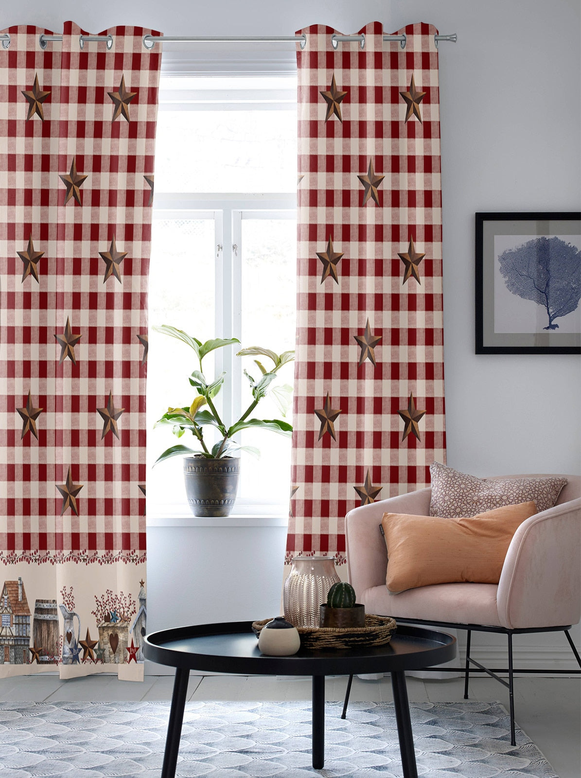 Country Star Berry Retro Red Plaid Curtains for Living Room Luxury Window Curtain Bedroom Kitchen Curtains Drapes
