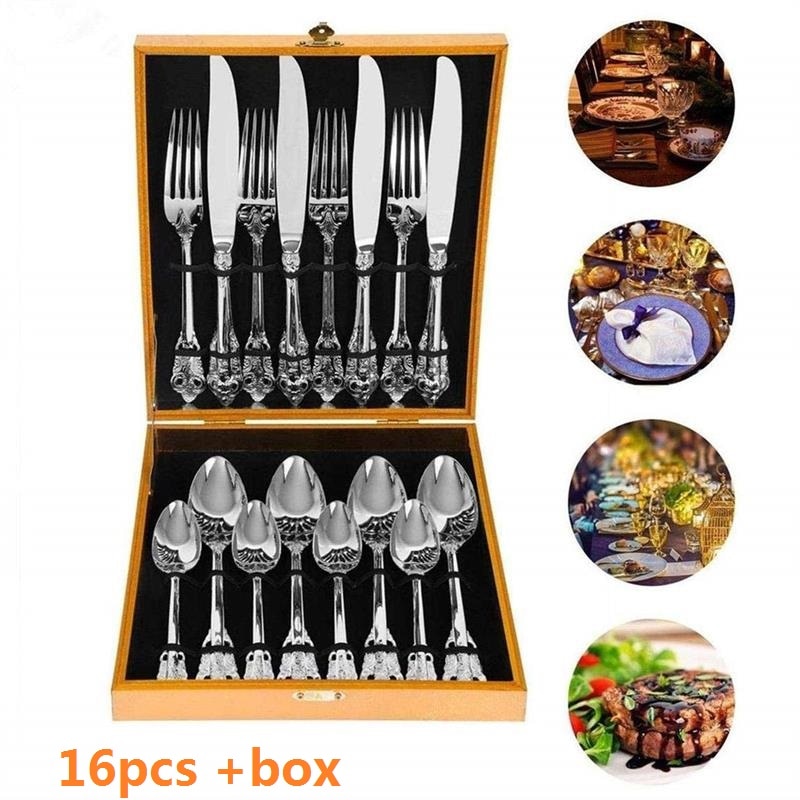 16pcs Luxury Silverware Dinnerware Cutlery Stainless Steel Gold Dinner set Retro Party Tableware in Box