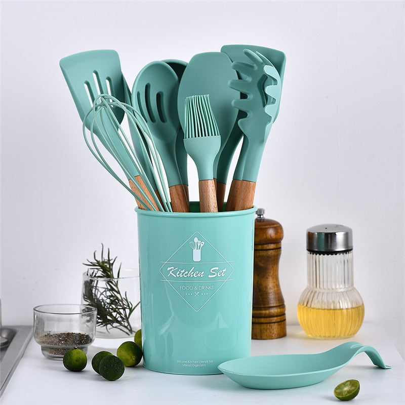 12pcs Silicone Cooking Utensils Set, Heat Resistant Silicone Kitchen  Utensils for Cooking, Kitchen Utensil Spatula Set with Wooden Handles and  Holder, Gadgets for Non-Stick Cookware, Gray