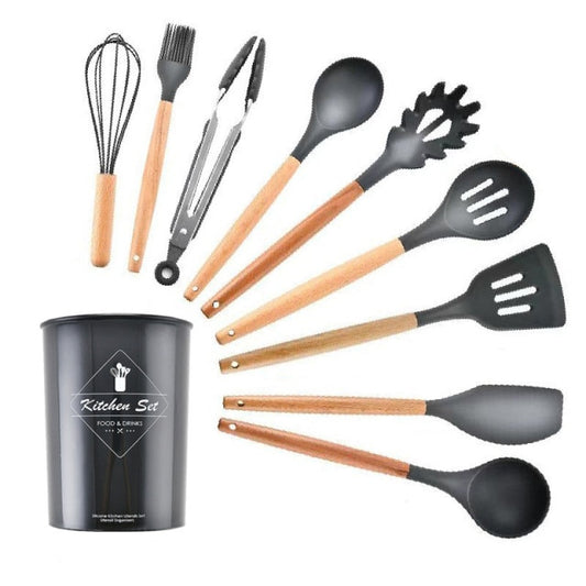 9/11/12Pcs Silicone Cooking Utensils Set Non-stick Spatula Shovel Wooden Handle Cooking Tools Set with Kitchen Tools Storage Box