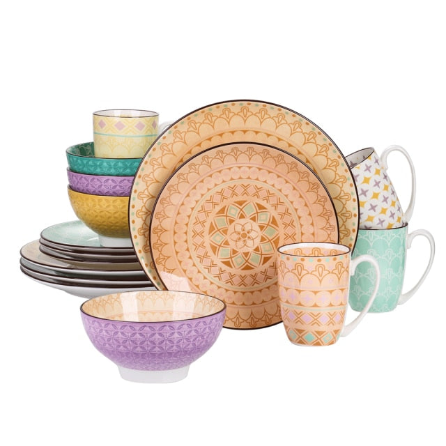 Vancasso Tulip 16/32/48-Piece 4-Color 4-Design Porcelain Dinnerware Set Plate Set with Dinner Plate,Dessert Plate,Bowl,Mug Set