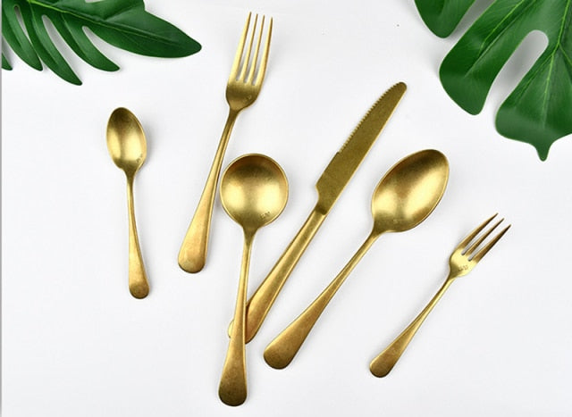 Retro Vintage 6 Piece 304 Stainless Steel Dinnerware Flatware Set "Service For 1" Silverware Gold Silver Fork Spoon Knife Set