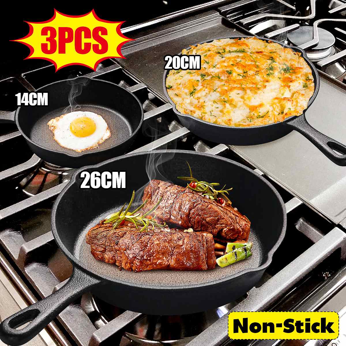 3Pcs Pre-Seasoned Cast Iron Skillet Non-Stick Frying Pan Kitchen