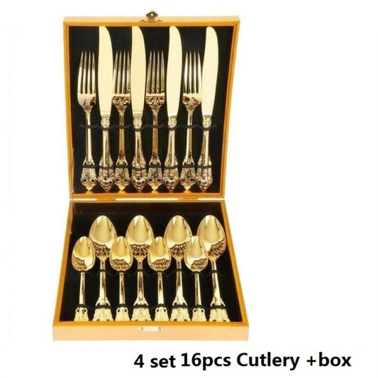 16pcs Luxury Silverware Dinnerware Cutlery Stainless Steel Gold Dinner set Retro Party Tableware in Box