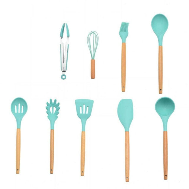 9/11/12Pcs Silicone Cooking Utensils Set Non-stick Spatula Shovel Wooden Handle Cooking Tools Set with Kitchen Tools Storage Box
