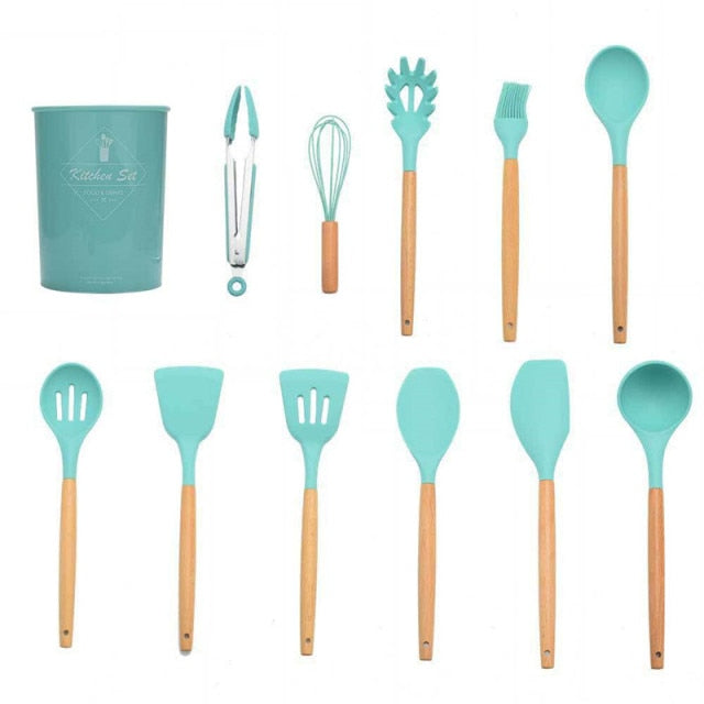 9/11/12Pcs Silicone Cooking Utensils Set Non-stick Spatula Shovel Wooden Handle Cooking Tools Set with Kitchen Tools Storage Box