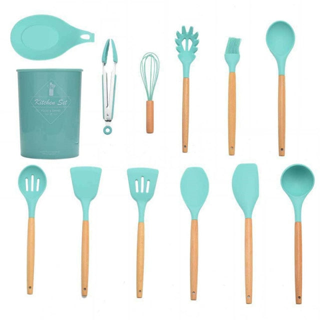 Cooking Utensils Set of 6, Silicone Kitchen Utensils with Wooden Handle
