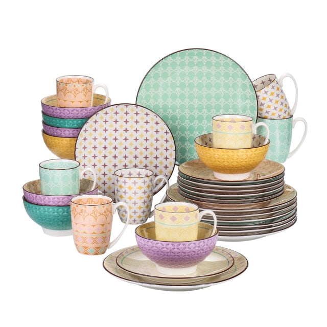 Vancasso Tulip 16/32/48-Piece 4-Color 4-Design Porcelain Dinnerware Set Plate Set with Dinner Plate,Dessert Plate,Bowl,Mug Set